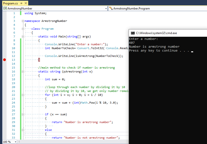 Armstrong number in C# (Console Application Program)